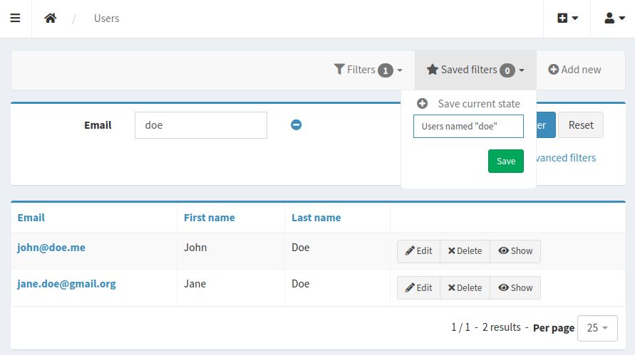 PrestaSonataSavedFiltersBundle - Save filter form