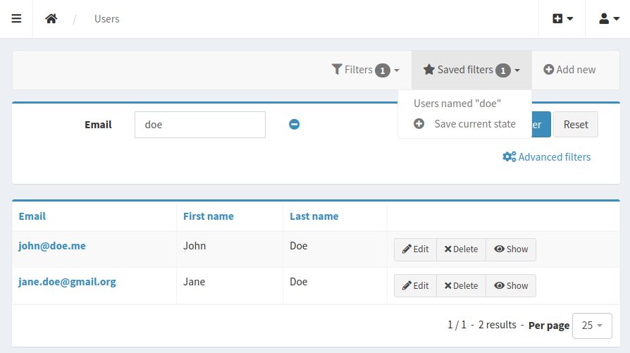 PrestaSonataSavedFiltersBundle - Saved filters dropdown